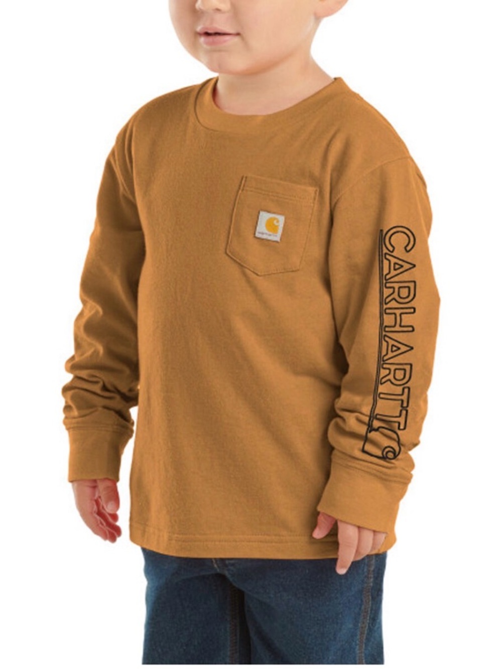 Carhartt Kids Long-Sleeve Pocket Tee in Carhartt Brown with Sleeve Logo